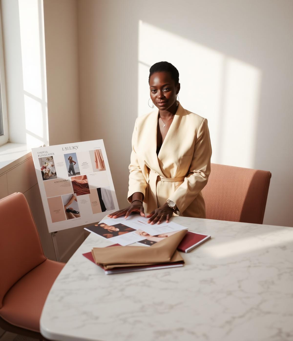 Event designer reviewing mood boards and fabric swatches