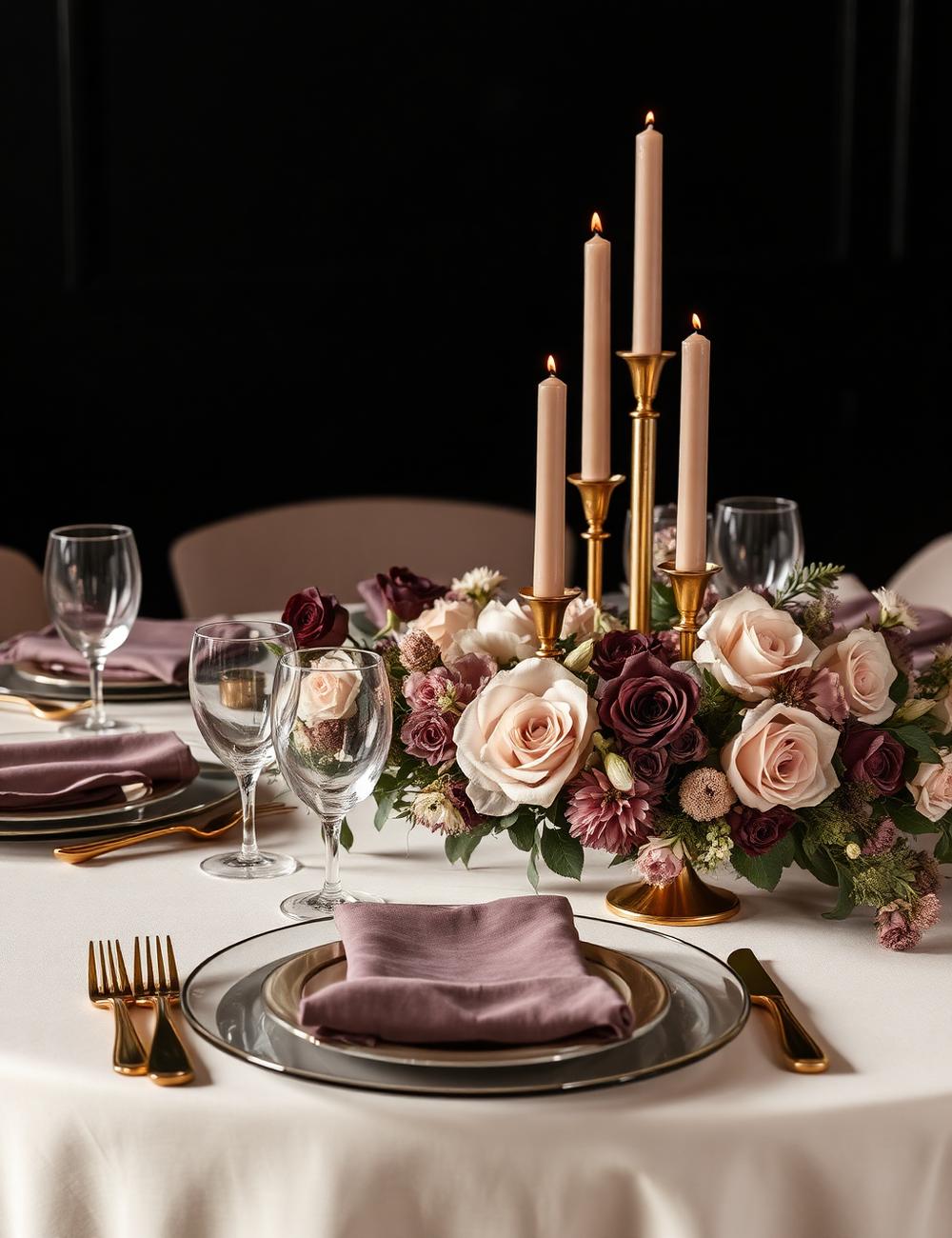 Mauve and blush luxury tablescape with brass candelabra
