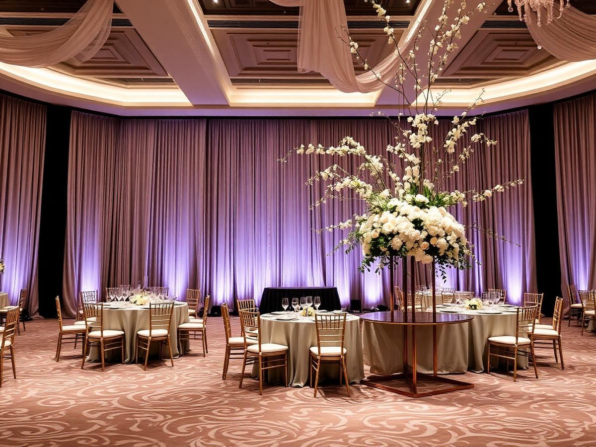 Corporate gala ballroom with draped backdrop and tall florals