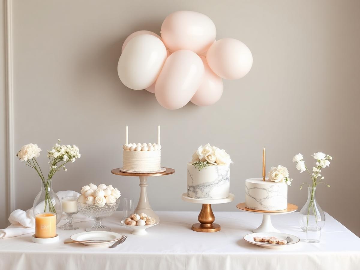 Neutral baby shower dessert table with balloon cloud