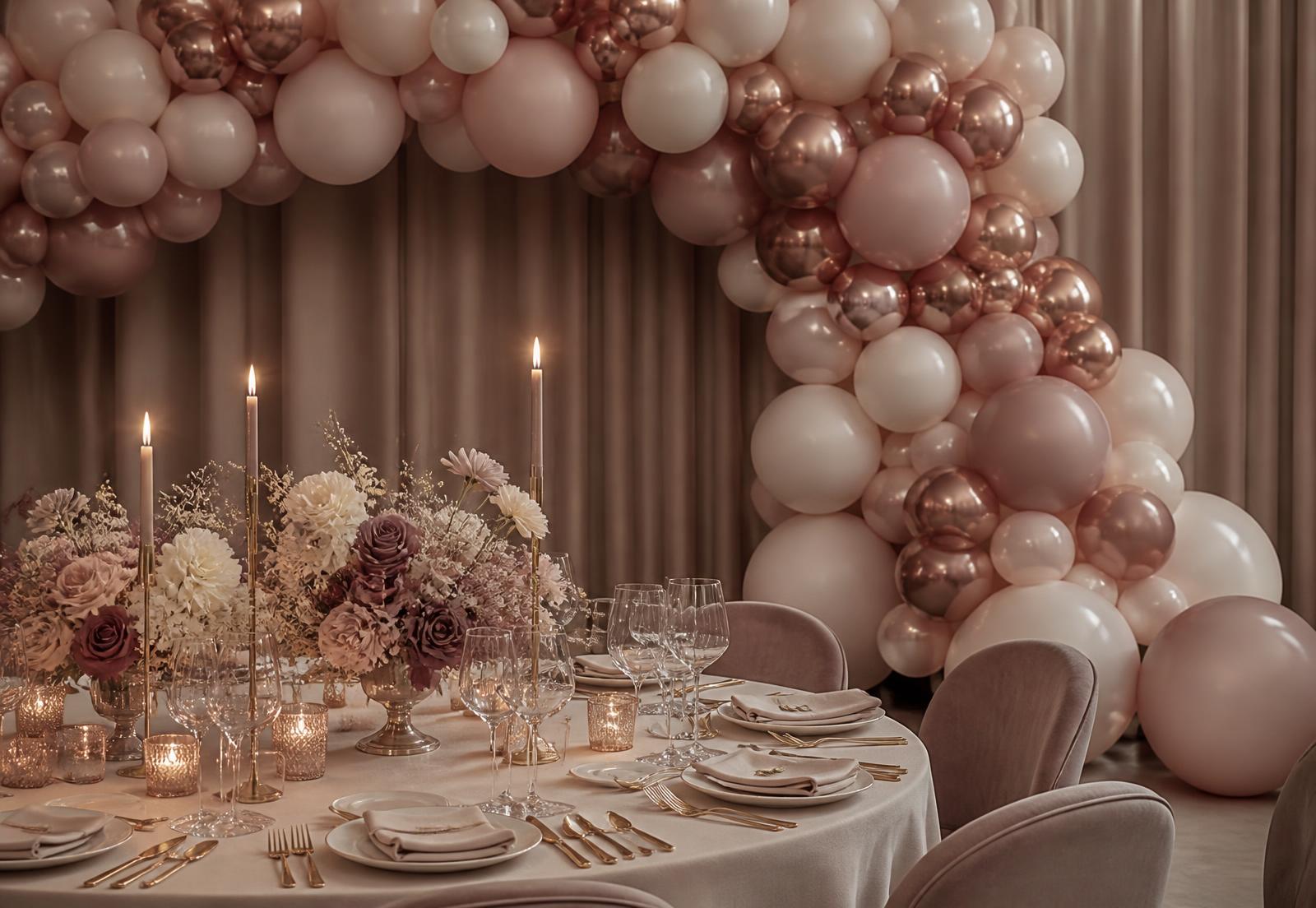 Luxury blush and mauve balloon installation above an elegant candlelit tablescape
